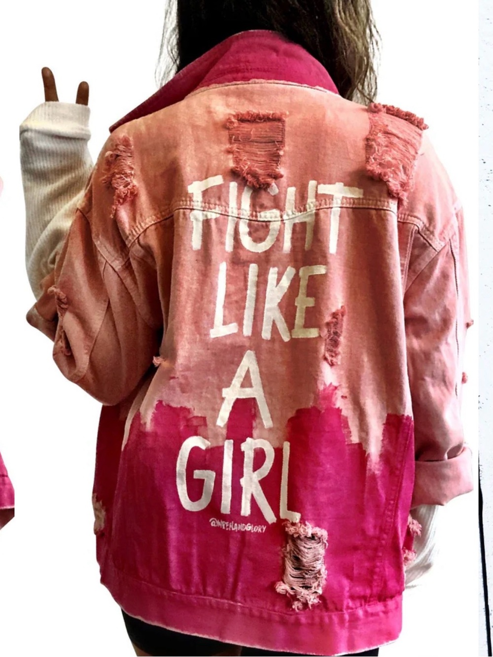 Wren + Glory Fight Like a Girl Hand Painted Distressed Pink Denim Jacket